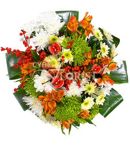 Poem. Round hand-tied bouquet with chrysanthemums and alstroemerias in a beautiful decoration.